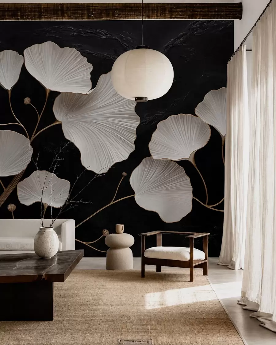 Papier peint Feuilles blanches en forme d'éventail sur fond noir w05860