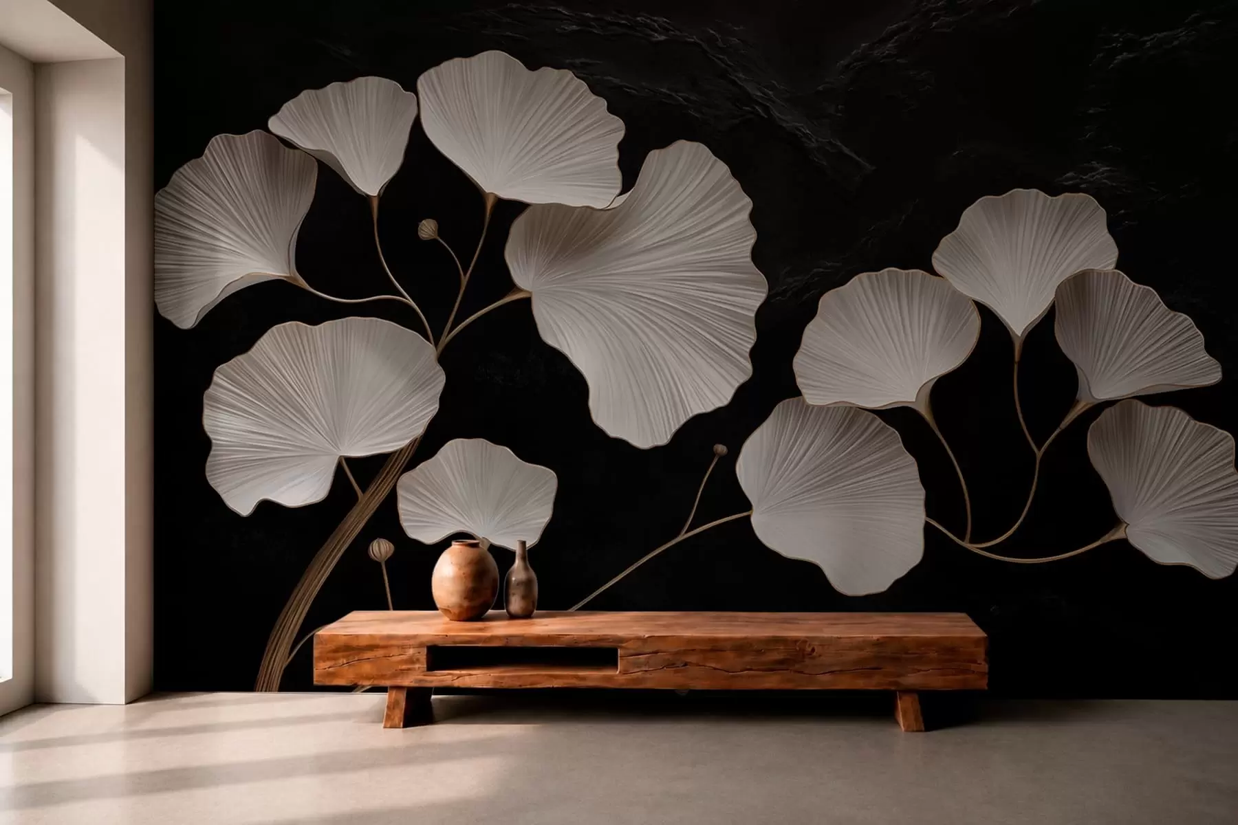 Papier peint Feuilles blanches en forme d'éventail sur fond noir w05860