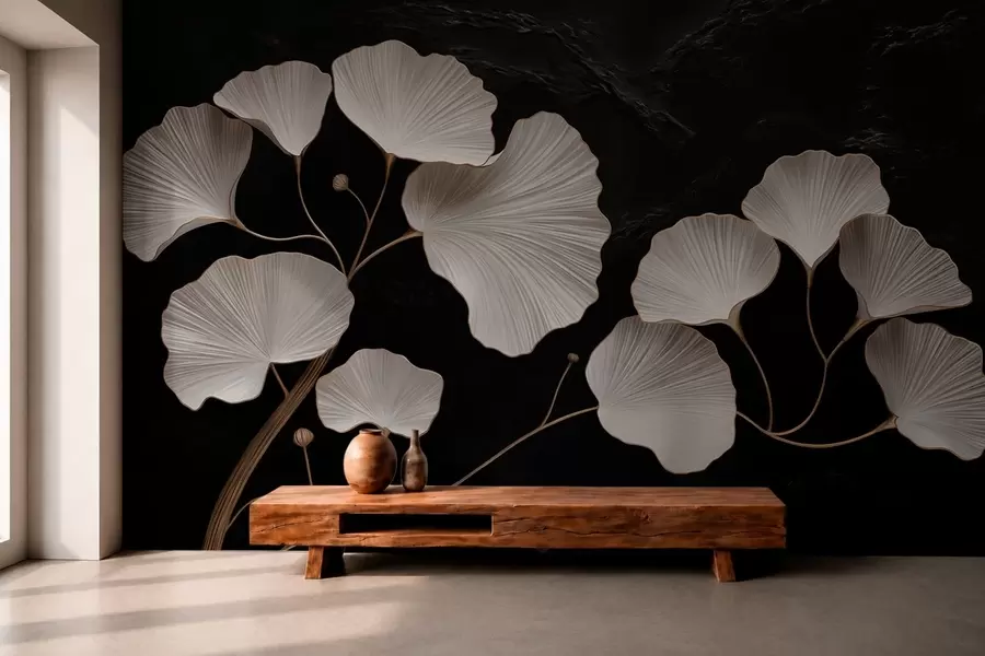 Papier peint Feuilles blanches en forme d'éventail sur fond noir w05860