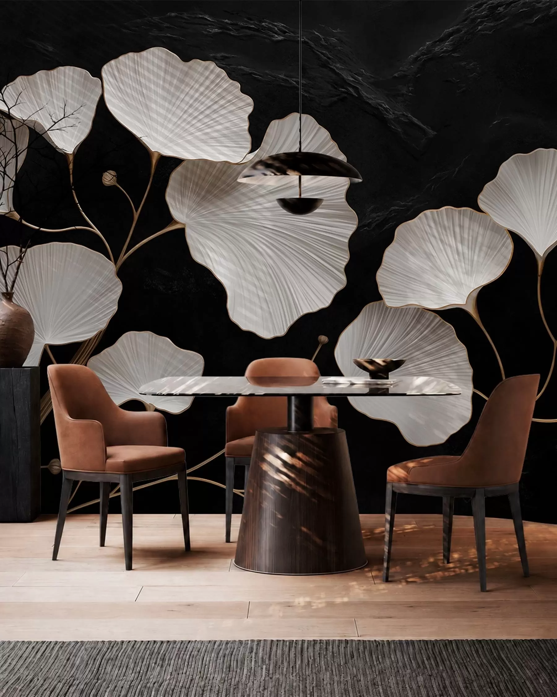 Papier peint Feuilles blanches en forme d'éventail sur fond noir w05860