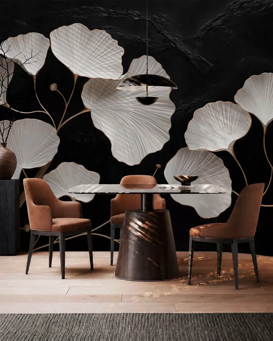 Papier peint Feuilles blanches en forme d'éventail sur fond noir w05860
