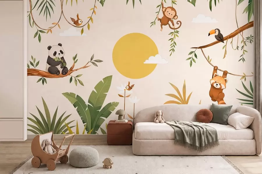 Papier peint Des animaux tropicaux au milieu d'une végétation luxuriante w05865