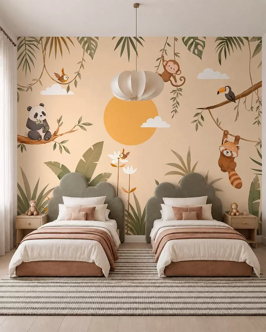 Papier peint Animaux tropicaux, végétation et soleil sur un fond aux teintes chaudes w05865v1