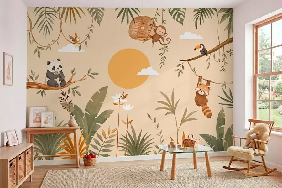 Papier peint Animaux tropicaux, végétation et soleil sur un fond aux teintes chaudes w05865v1