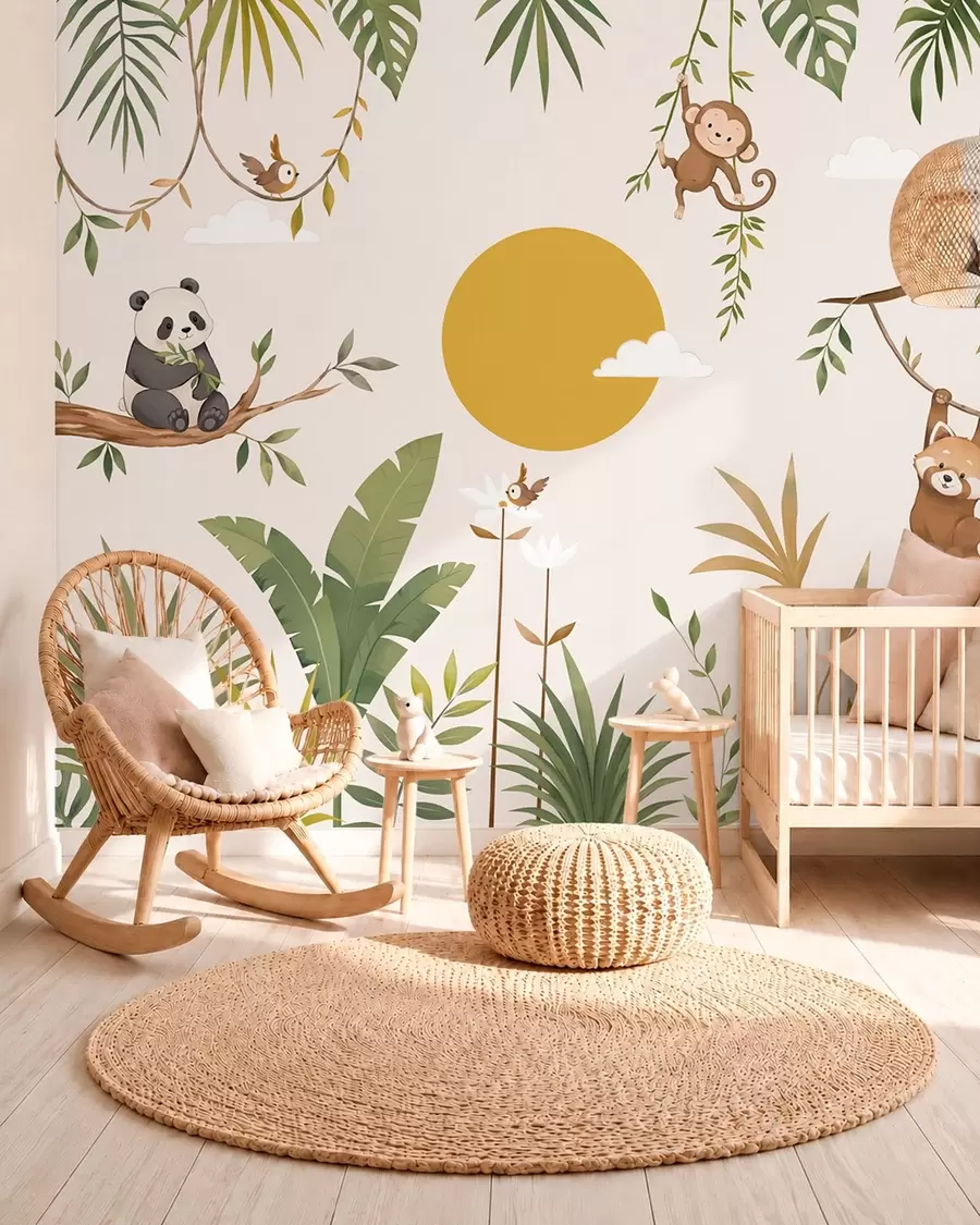 Papier peint Des animaux tropicaux au milieu du feuillage, sous un grand soleil w05865v2