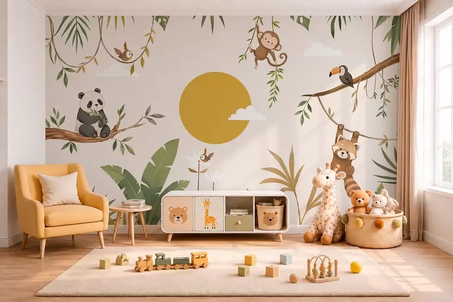 Papier peint Des animaux tropicaux au milieu du feuillage, sous un grand soleil w05865v2