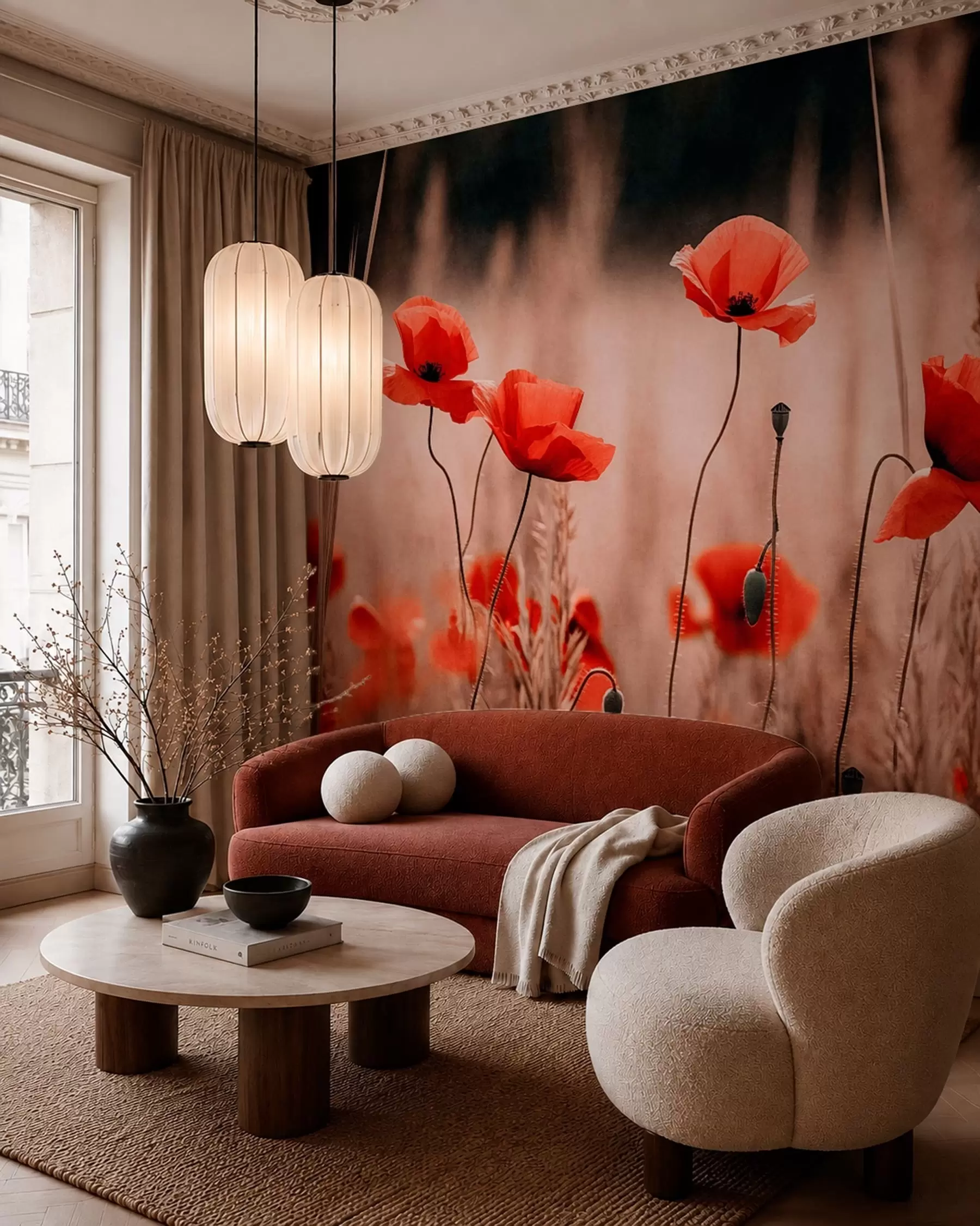 Papier peint Des coquelicots d'un rouge vif parmi les herbes sèches w05866