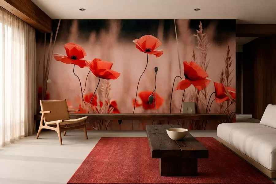 Papier peint Des coquelicots d'un rouge vif parmi les herbes sèches w05866