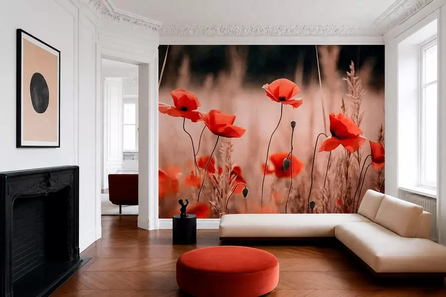 Papier peint Des coquelicots d'un rouge vif parmi les herbes sèches w05866