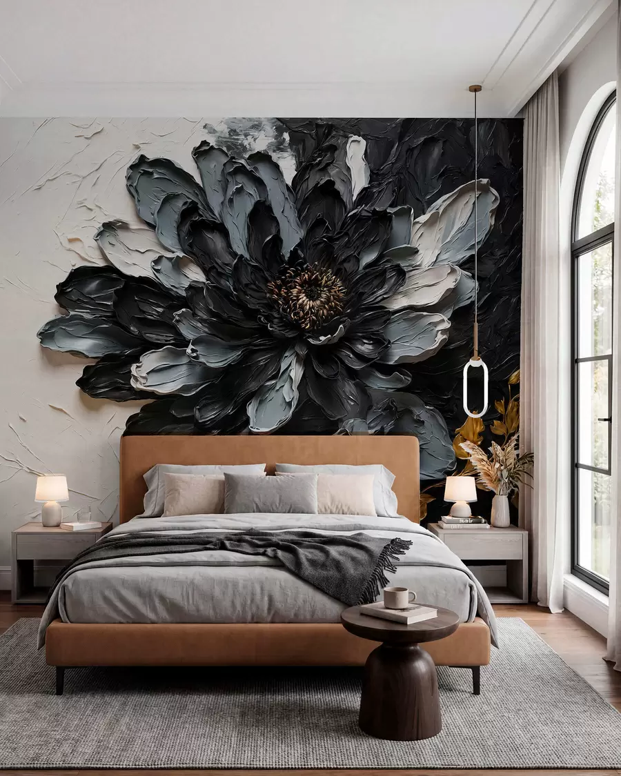Papier peint Fleur texturée noire et grise avec des branches décoratives w05883
