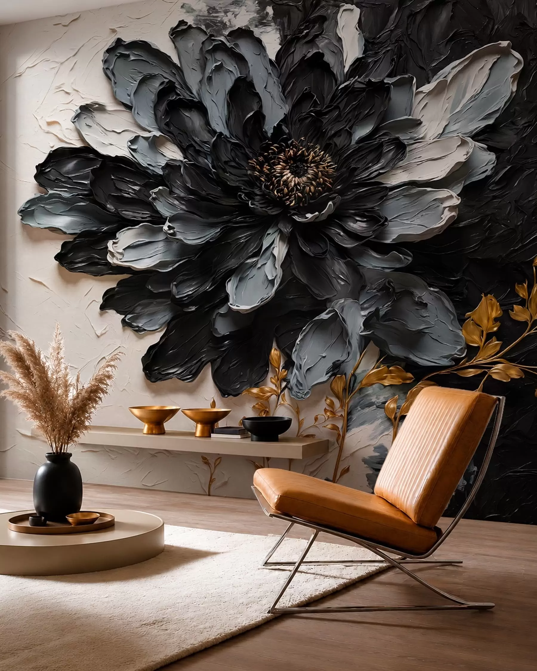 Papier peint Fleur texturée noire et grise avec des branches décoratives w05883