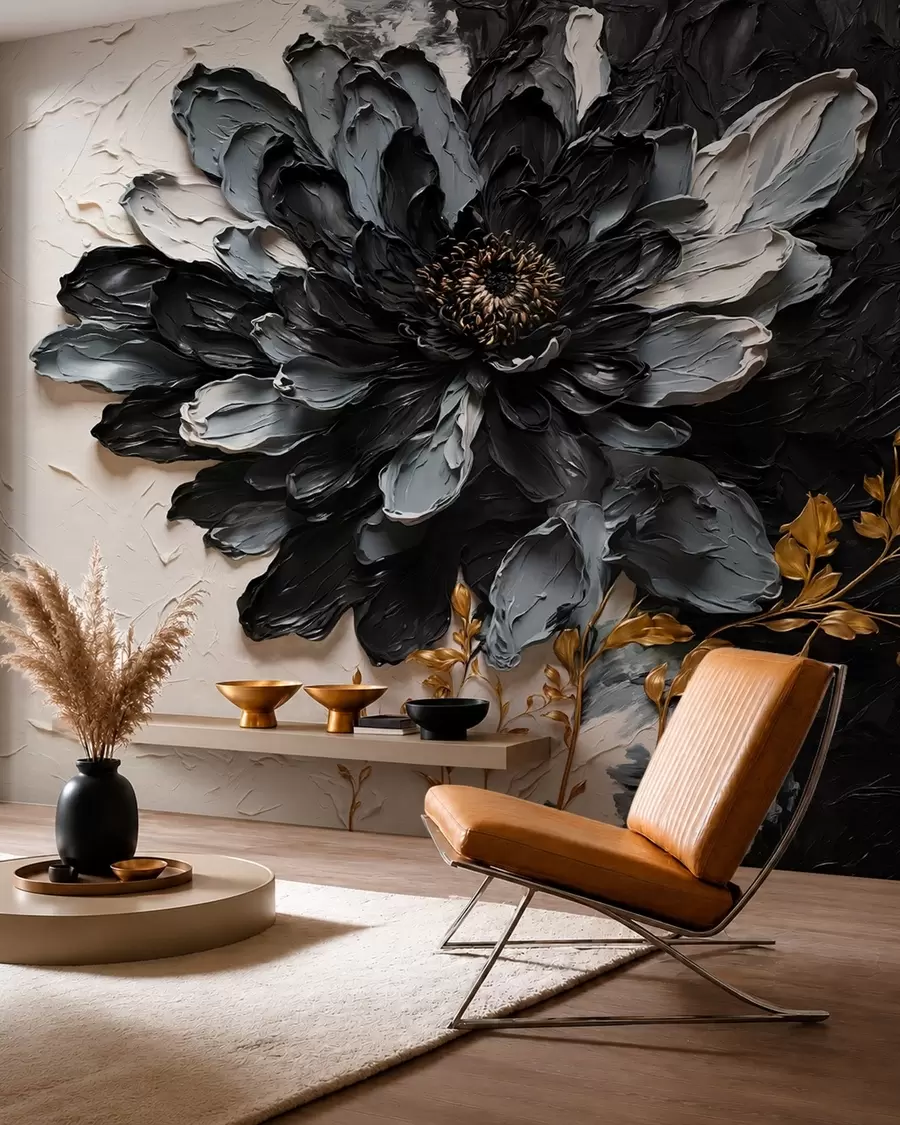 Papier peint Fleur texturée noire et grise avec des branches décoratives w05883