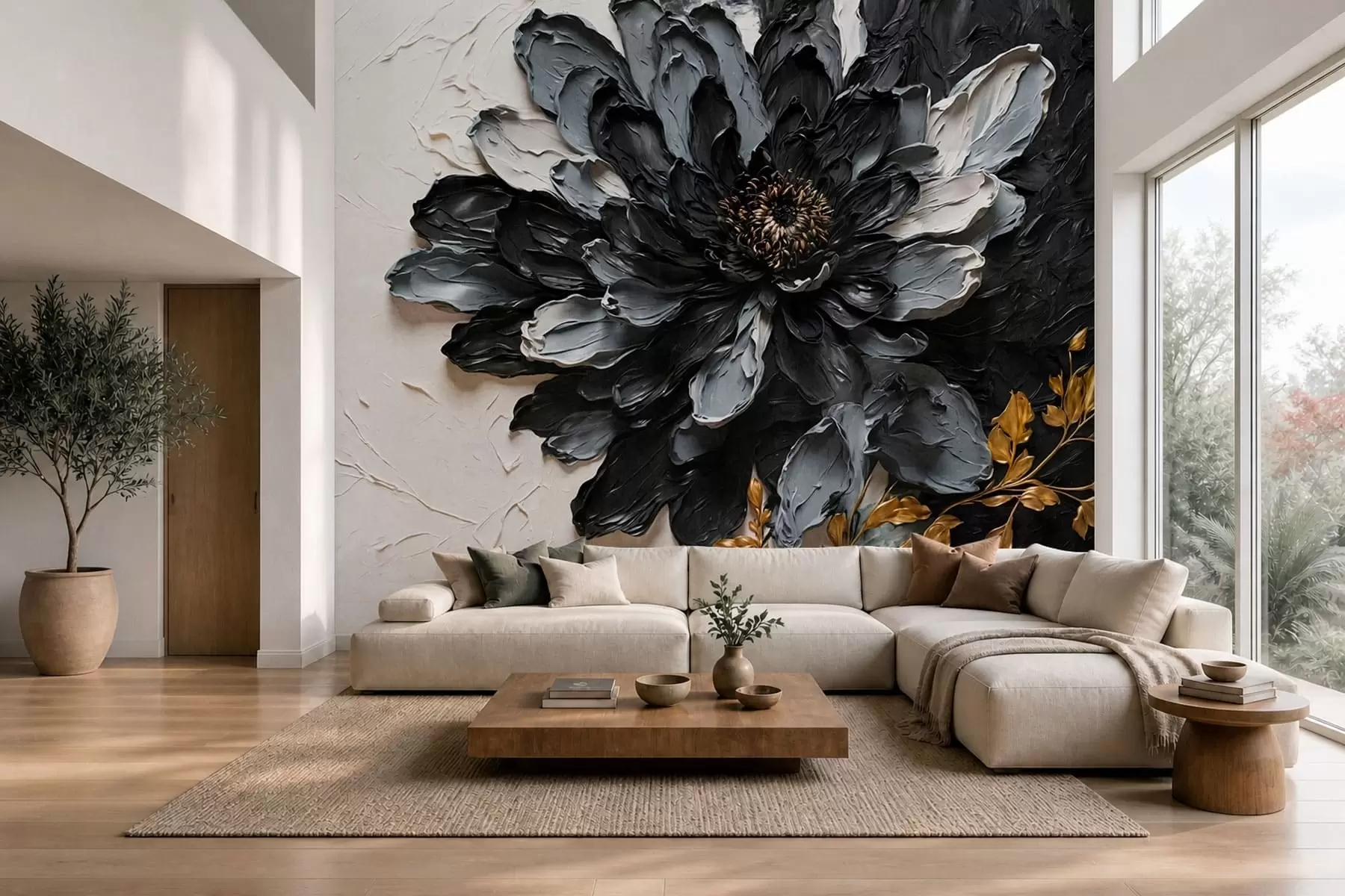Papier peint Fleur texturée noire et grise avec des branches décoratives w05883