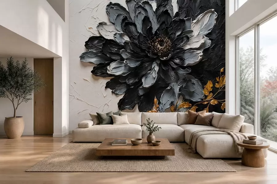 Papier peint Fleur texturée noire et grise avec des branches décoratives w05883