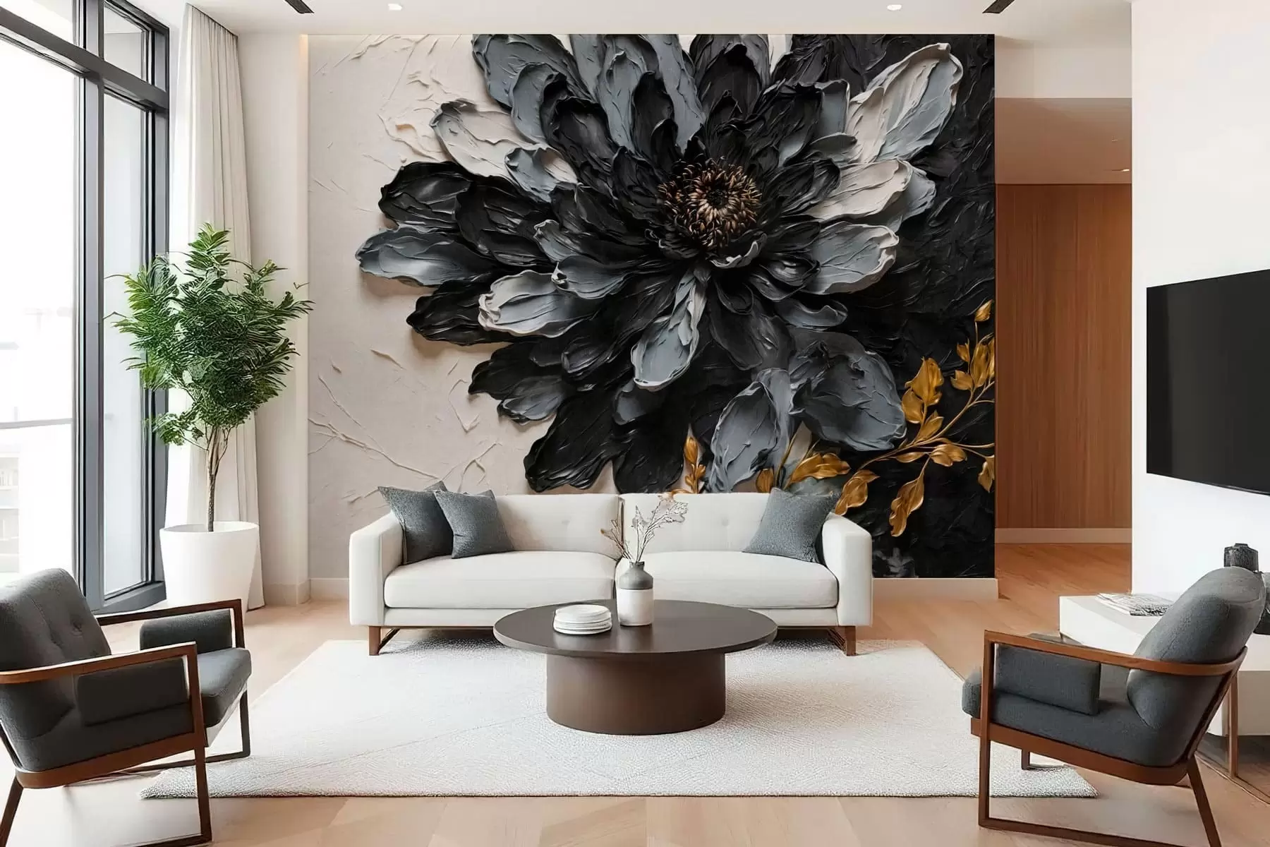 Papier peint Fleur texturée noire et grise avec des branches décoratives w05883