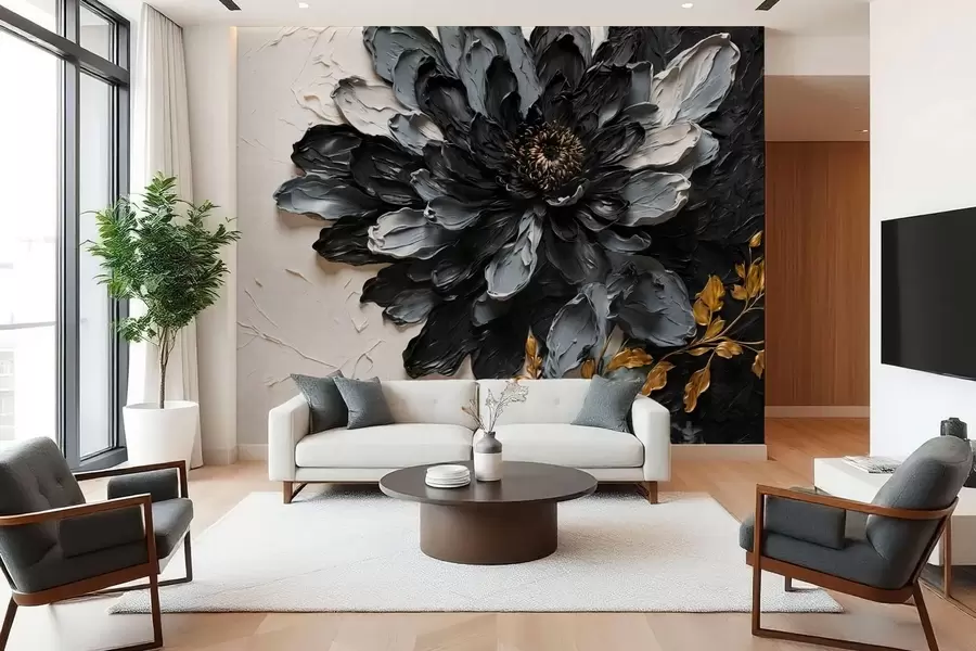 Papier peint Fleur texturée noire et grise avec des branches décoratives w05883