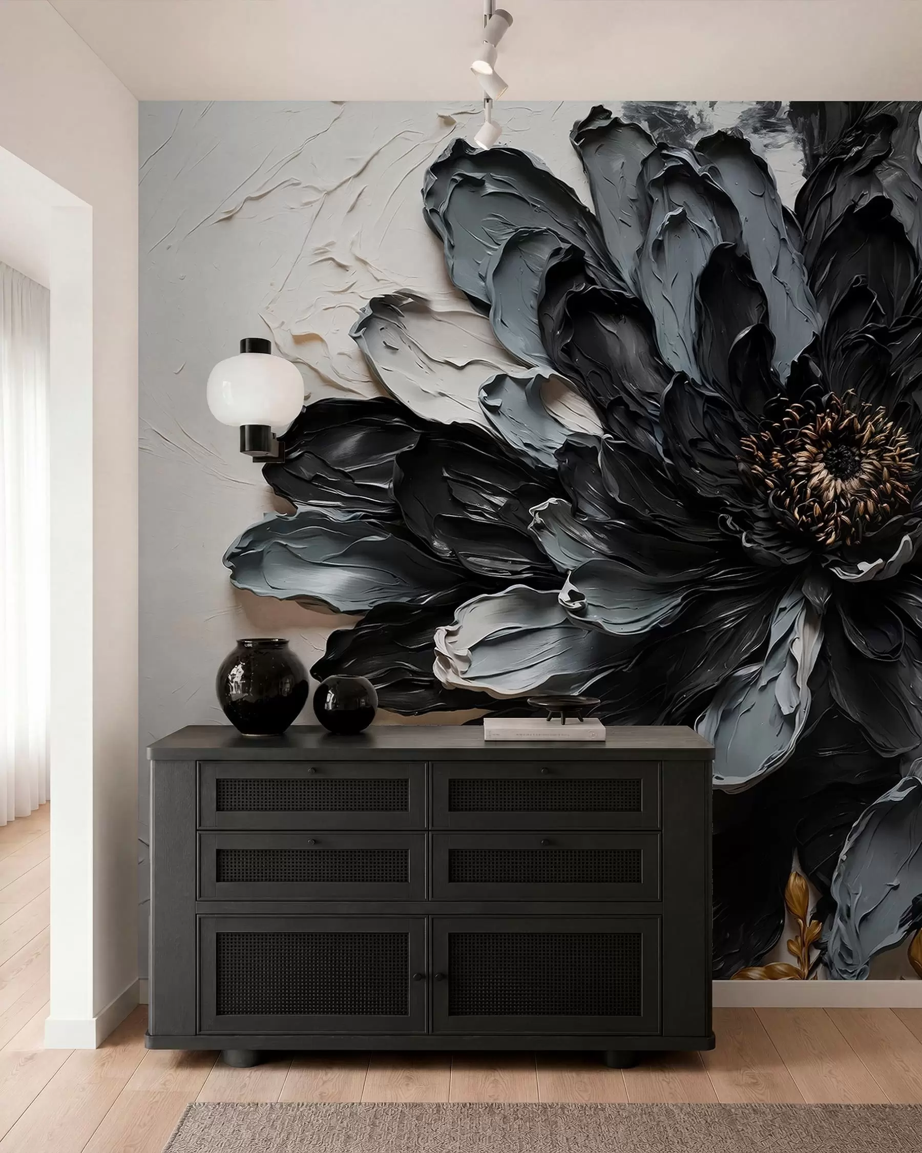 Papier peint Fleur texturée noire et grise avec des branches décoratives w05883