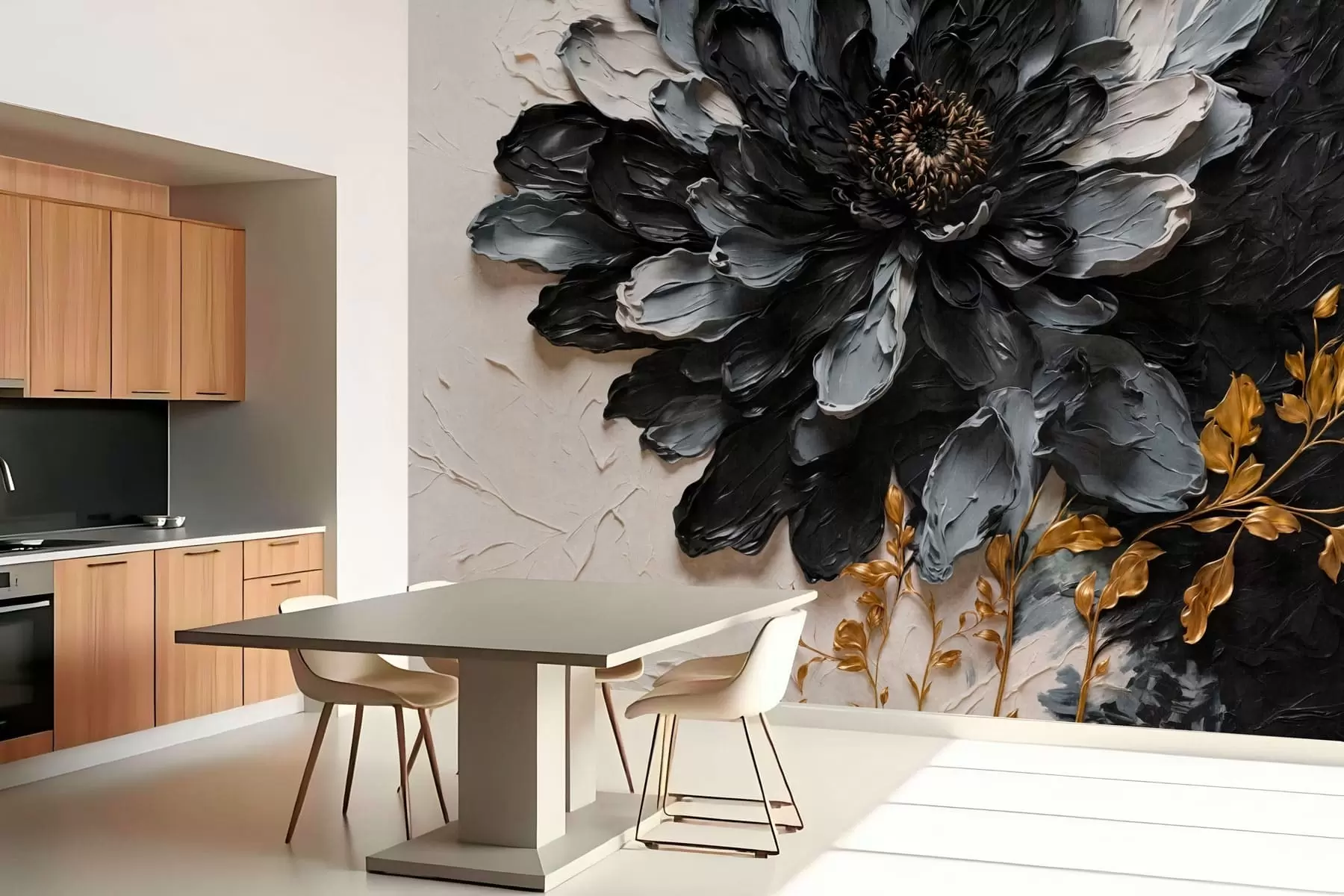 Papier peint Fleur texturée noire et grise avec des branches décoratives w05883