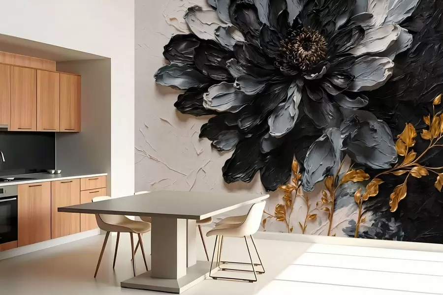 Papier peint Fleur texturée noire et grise avec des branches décoratives w05883