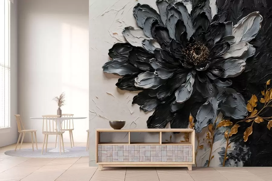 Papier peint Fleur texturée noire et grise avec des branches décoratives w05883