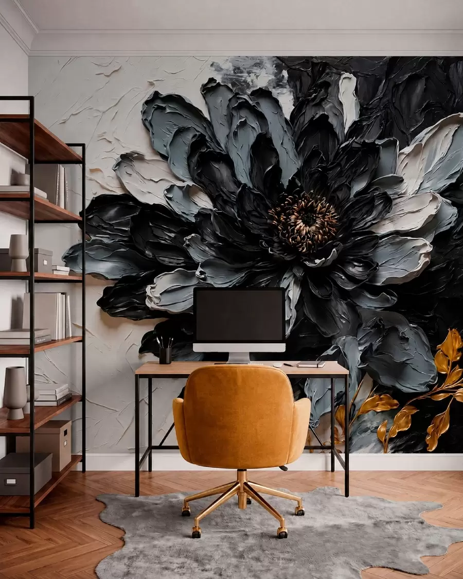 Papier peint Fleur texturée noire et grise avec des branches décoratives w05883