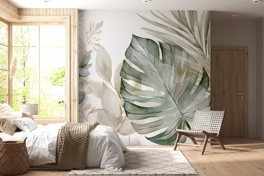 Papier peint Grandes feuilles tropicales dans un style aquarelle w05867