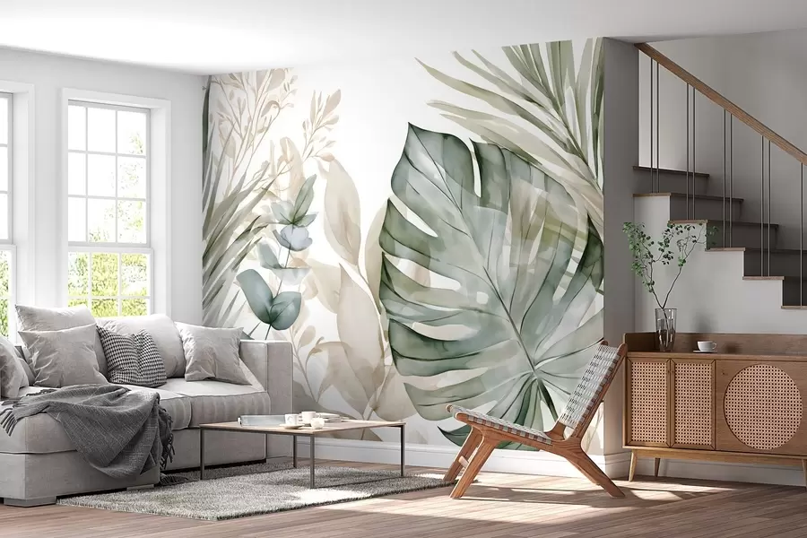 Papier peint Grandes feuilles tropicales dans un style aquarelle w05867