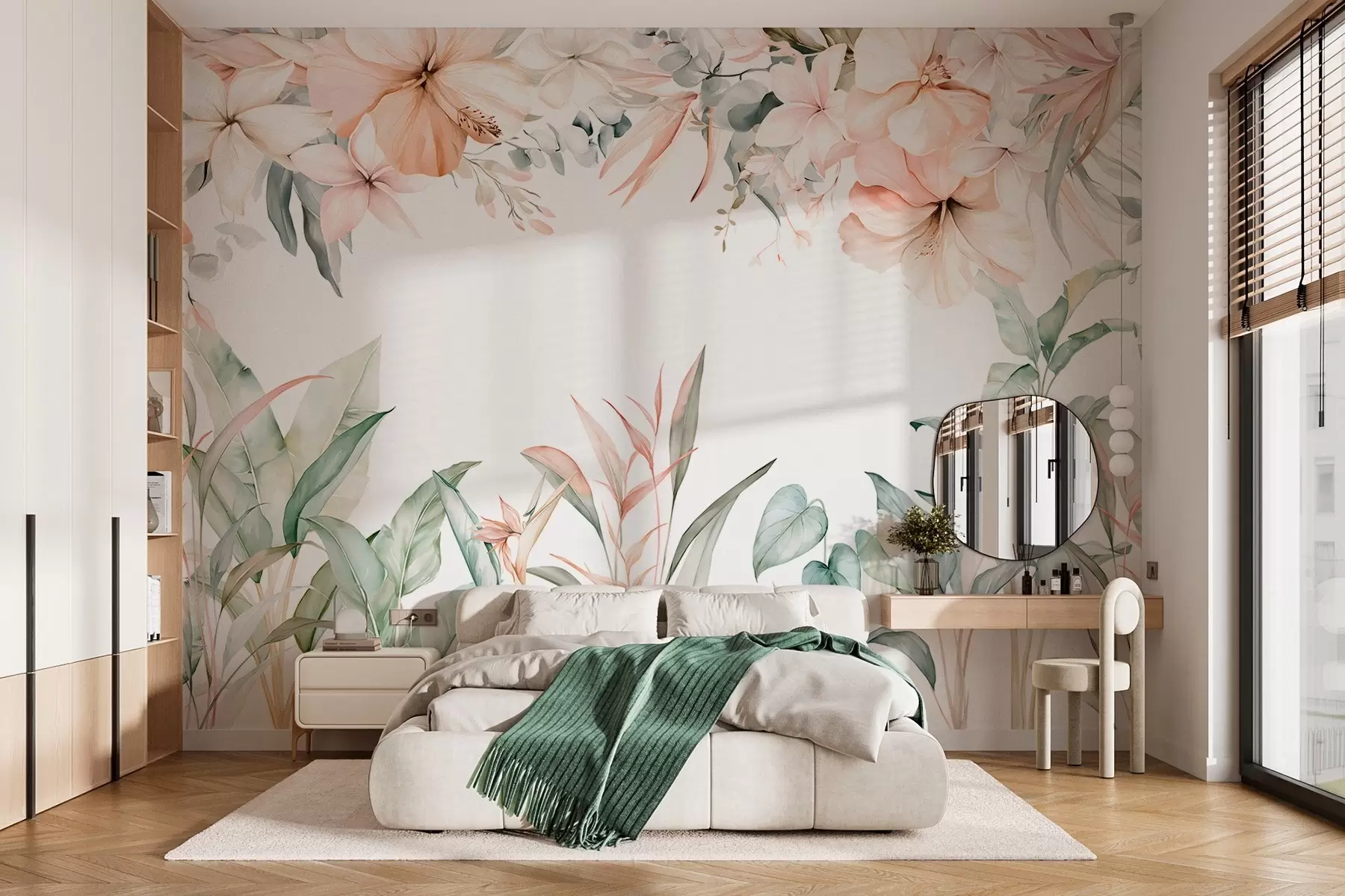 Papier peint Une composition tropicale de fleurs et de plantes, réalisée dans un style aquarelle, aux nuances délicates w05870