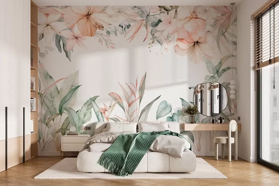 Papier peint Une composition tropicale de fleurs et de plantes, réalisée dans un style aquarelle, aux nuances délicates w05870