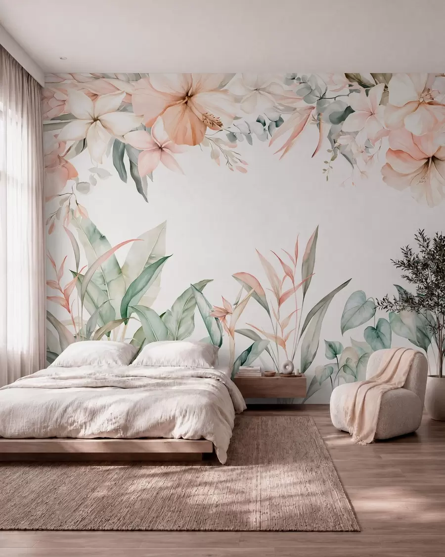 Papier peint Une composition tropicale de fleurs et de plantes, réalisée dans un style aquarelle, aux nuances délicates w05870