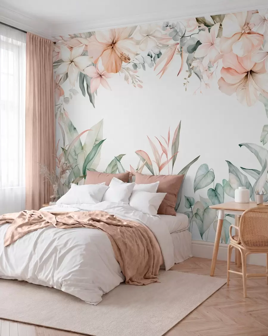 Papier peint Jardin tropical rose poudré w05870