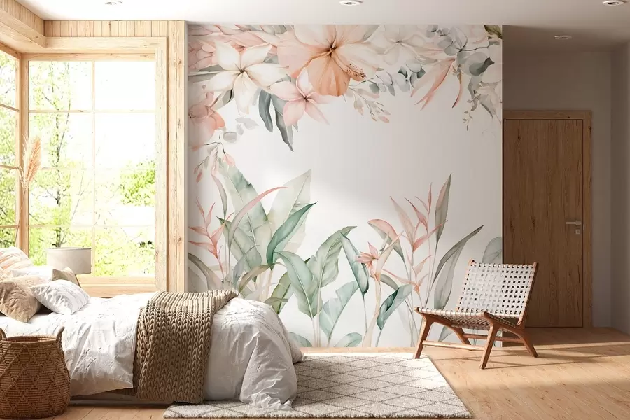 Papier peint Une composition tropicale de fleurs et de plantes, réalisée dans un style aquarelle, aux nuances délicates w05870