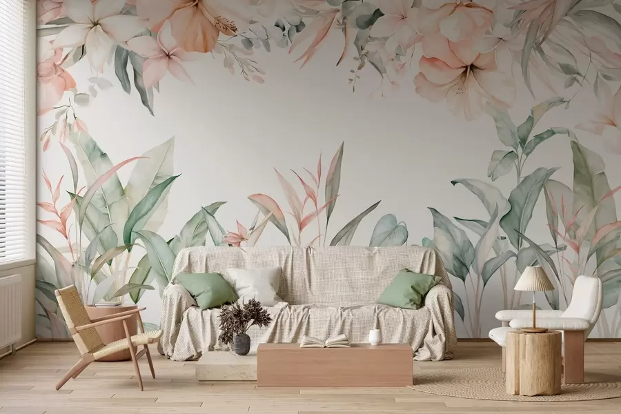 Papier peint Une composition tropicale de fleurs et de plantes, réalisée dans un style aquarelle, aux nuances délicates w05870
