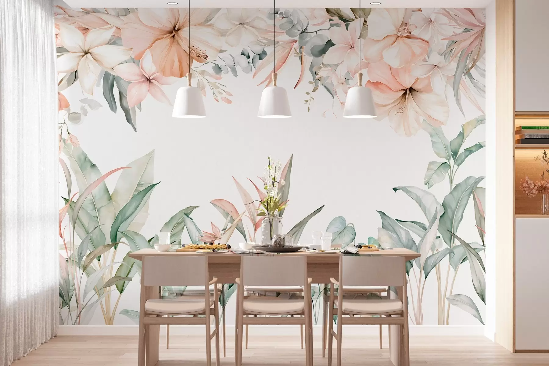 Papier peint Une composition tropicale de fleurs et de plantes, réalisée dans un style aquarelle, aux nuances délicates w05870