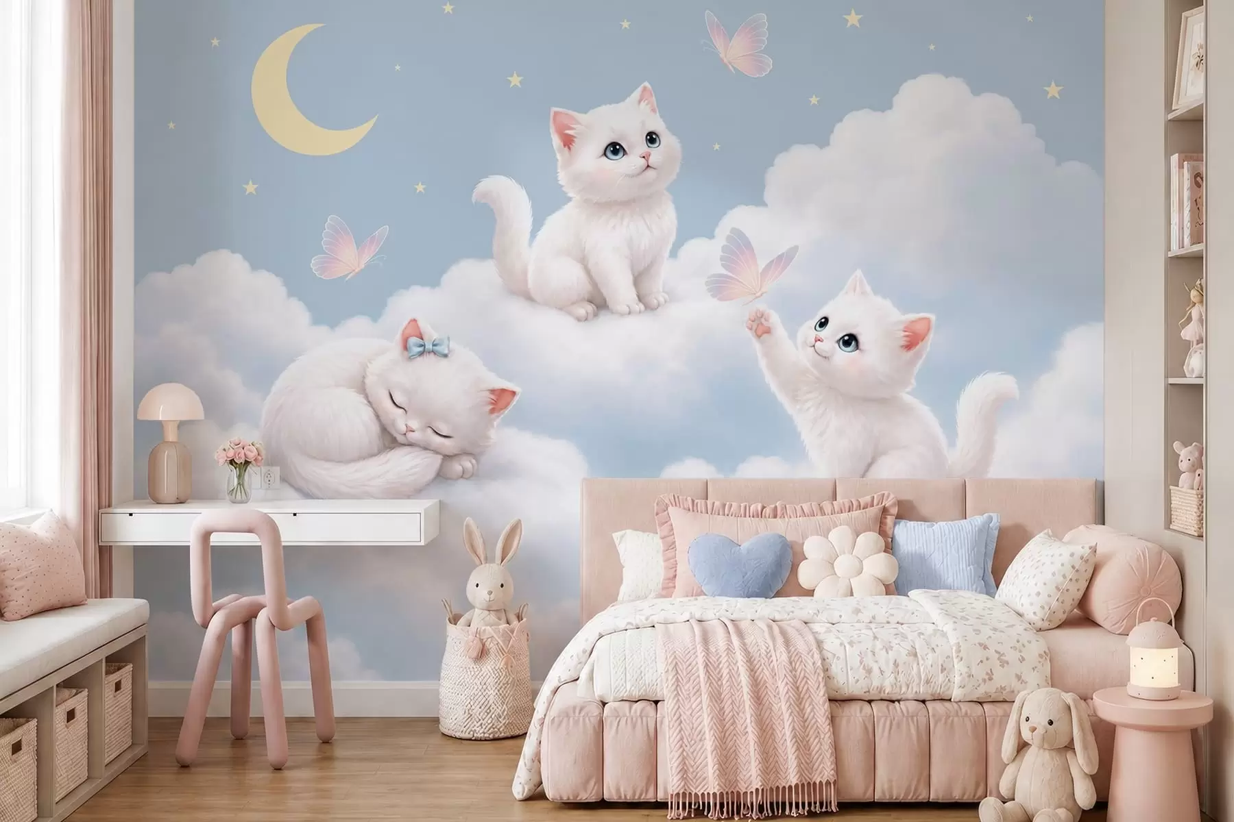Papier peint De mignons chatons avec des papillons parmi les nuages w05841