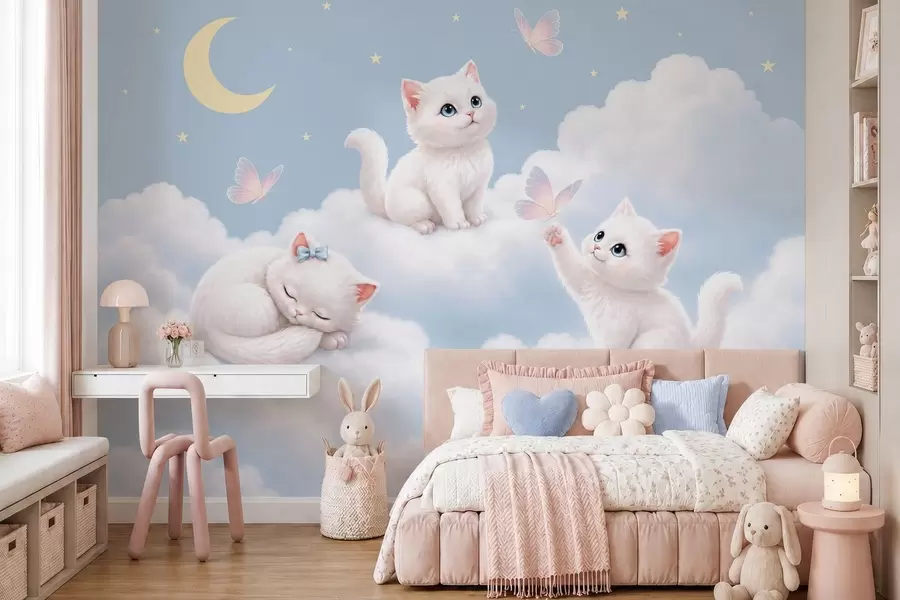 Papier peint De mignons chatons avec des papillons parmi les nuages w05841