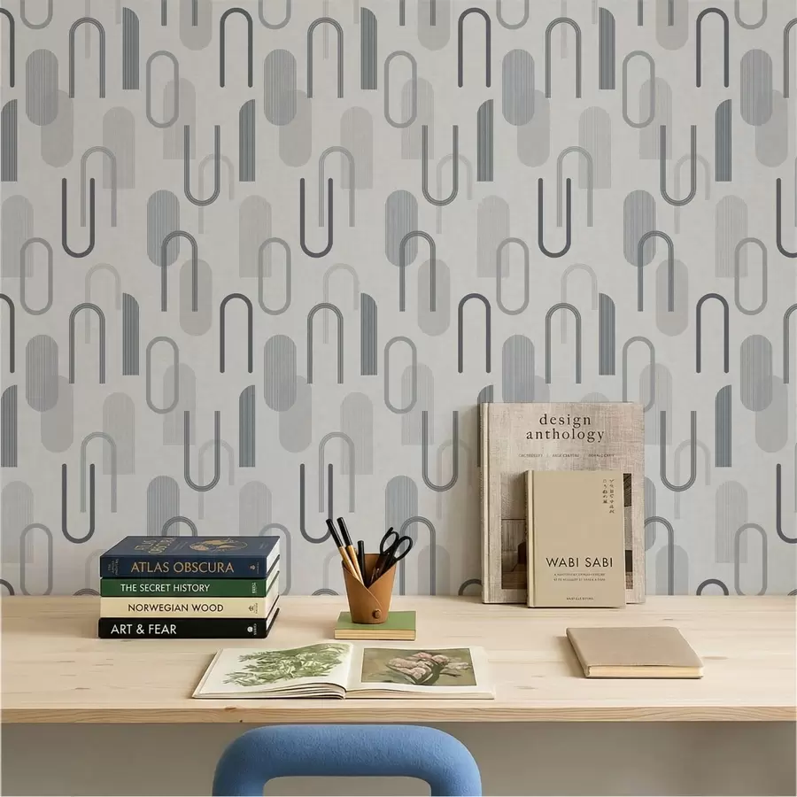 Papier peint Motif géométrique avec des arcs dans des tons gris-bleu a01255v1