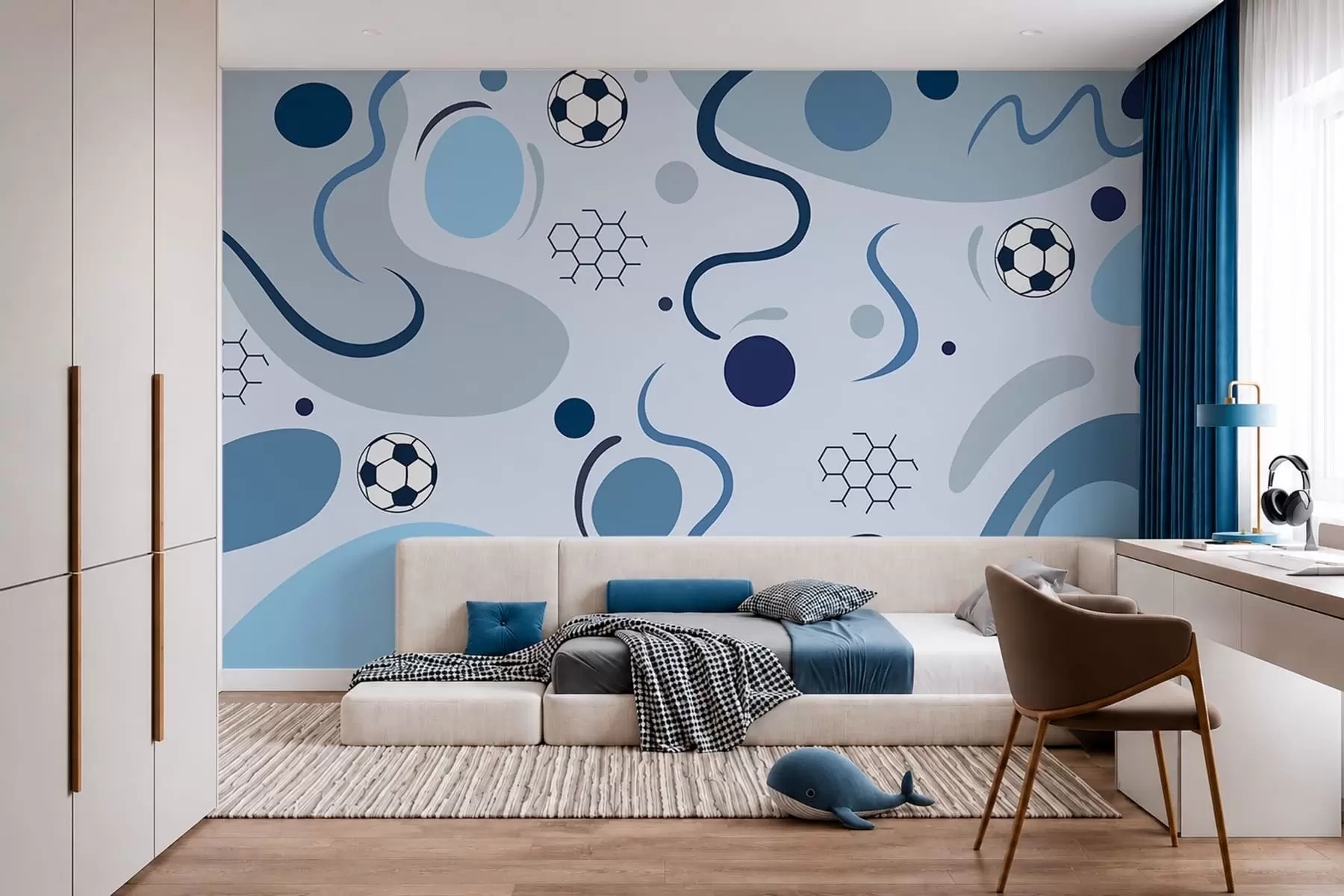 Papier peint Formes abstraites colorées, ballons de football et schémas w05142