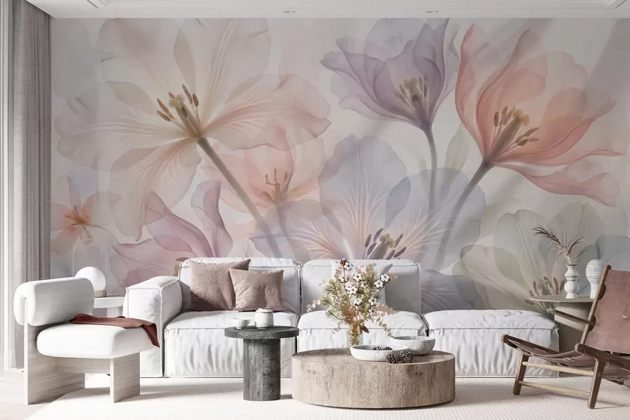 Papier peint Fleurs délicates et transparentes aux teintes pastel, dans un style aquarelle w09999