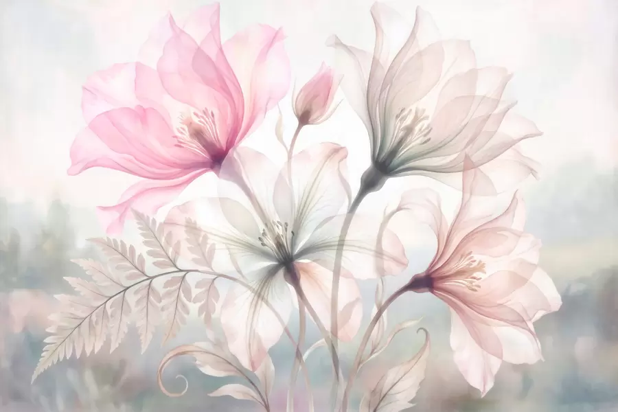 Papier peint Des fleurs délicates dans des tons pastel de rose et de bleu, dans un style aquarelle w10009