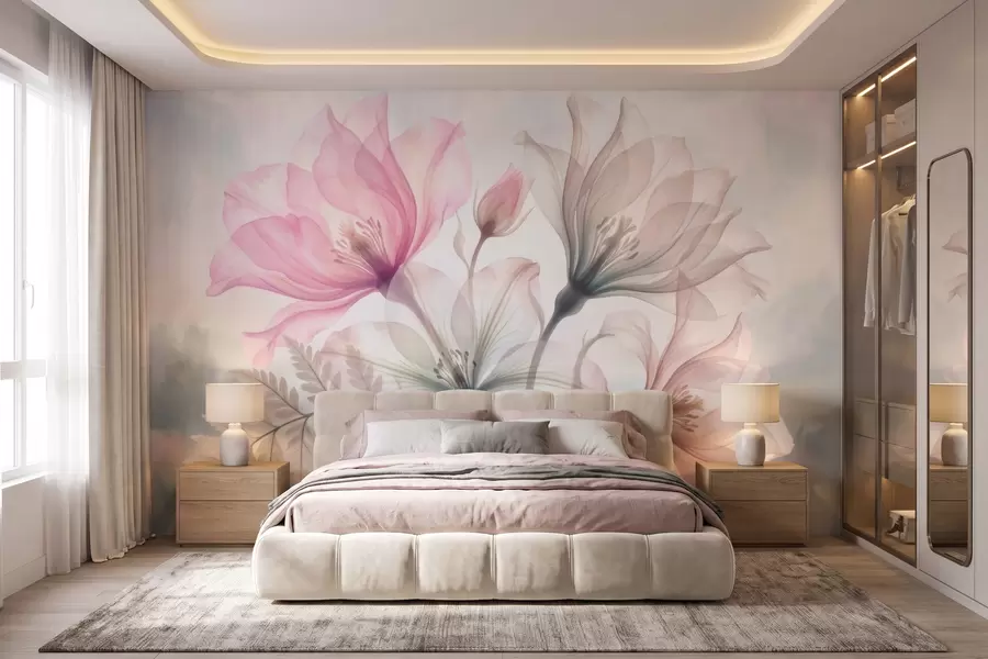 Papier peint Des fleurs délicates dans des tons pastel de rose et de bleu, dans un style aquarelle w10009
