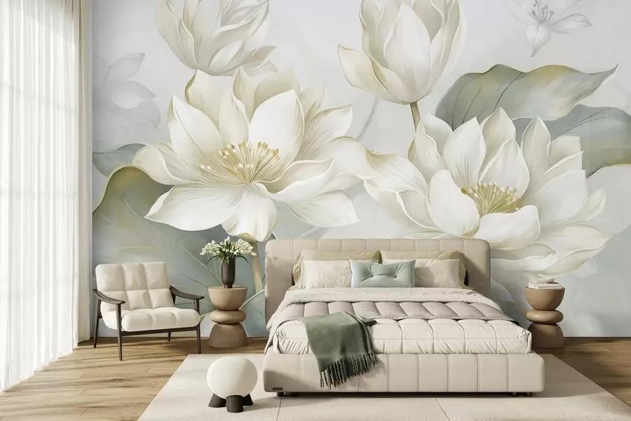 Papier peint Des fleurs de lotus texturées aux pétales délicats, accompagnées de grandes feuilles d'un vert discret w10027
