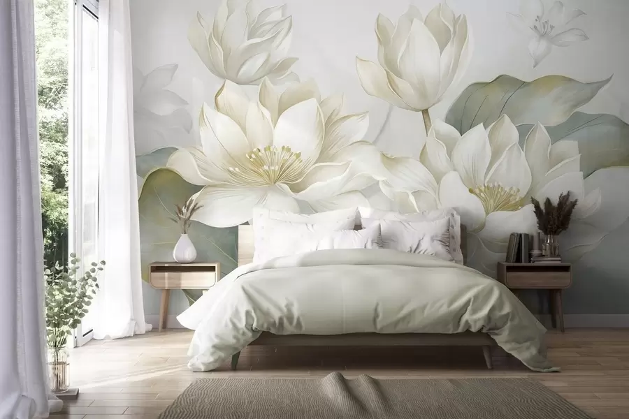 Papier peint Des fleurs de lotus texturées aux pétales délicats, accompagnées de grandes feuilles d'un vert discret w10027