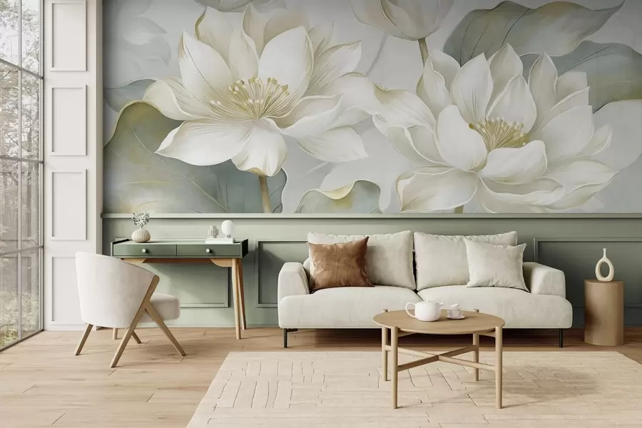 Papier peint Des fleurs de lotus texturées aux pétales délicats, accompagnées de grandes feuilles d'un vert discret w10027