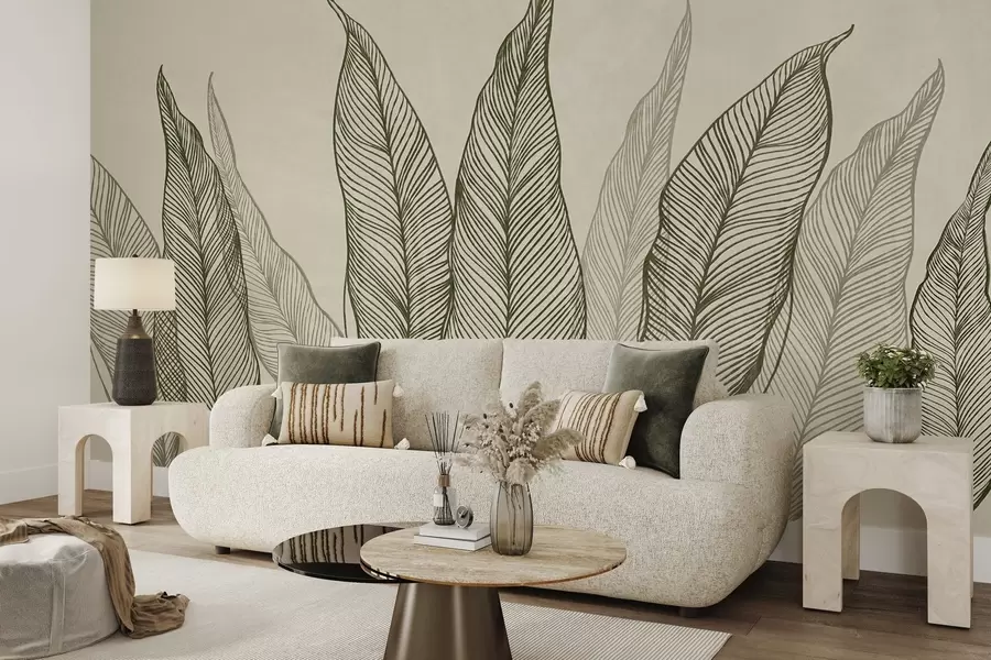 Papier peint Feuilles vertes stylisées aux traits finement travaillés sur fond beige, illustration texturée w10030