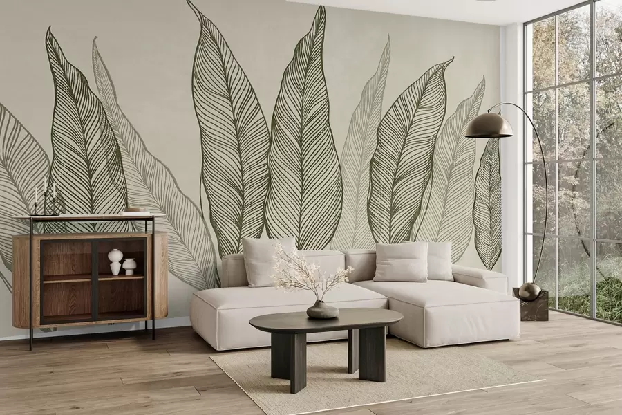 Papier peint Feuilles vertes stylisées aux traits finement travaillés sur fond beige, illustration texturée w10030