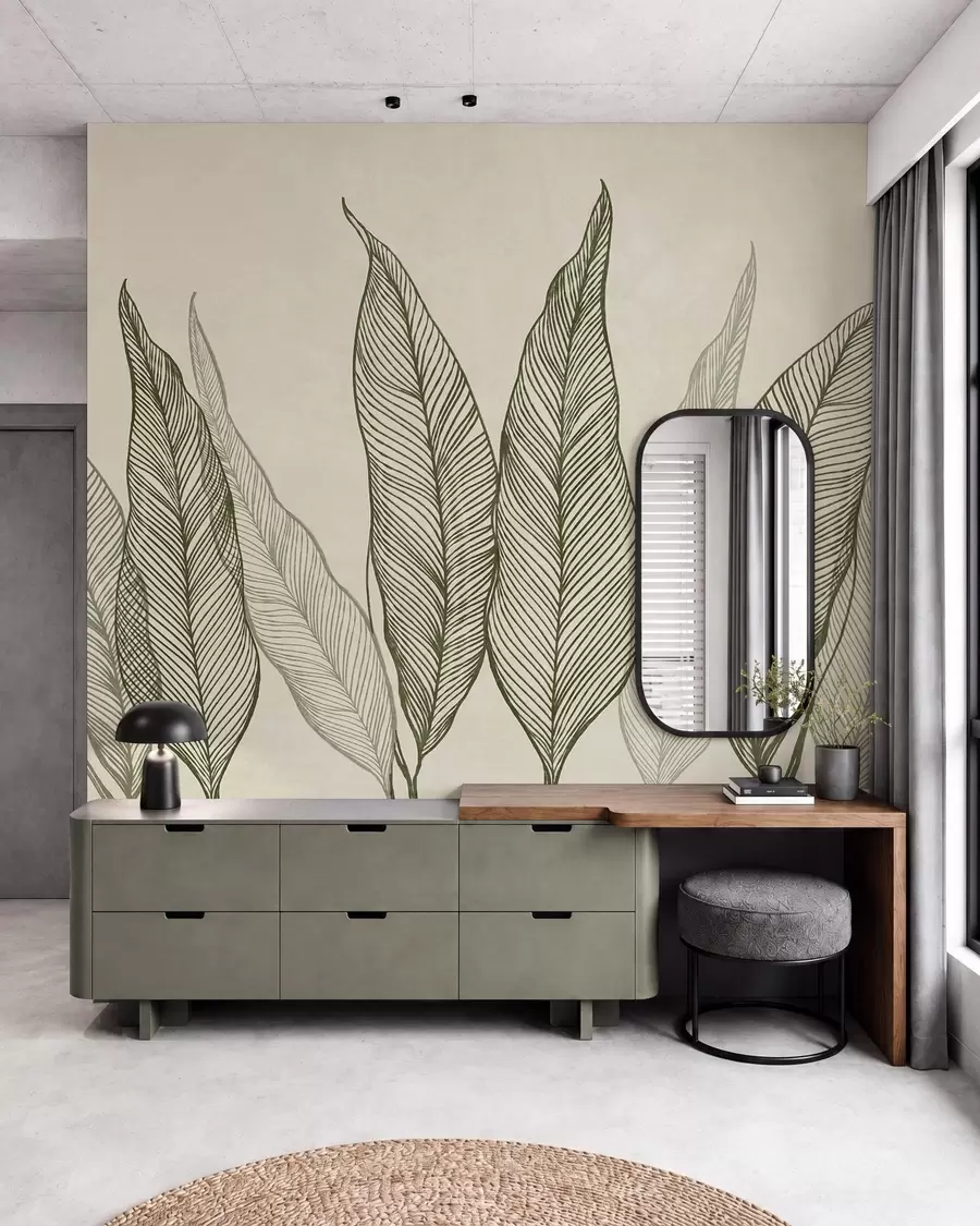 Papier peint Feuilles vertes stylisées aux traits finement travaillés sur fond beige, illustration texturée w10030