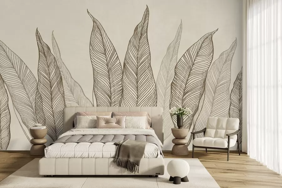 Papier peint Feuilles brunes stylisées aux détails linéaires complexes sur un fond beige, illustration texturée w10030v2