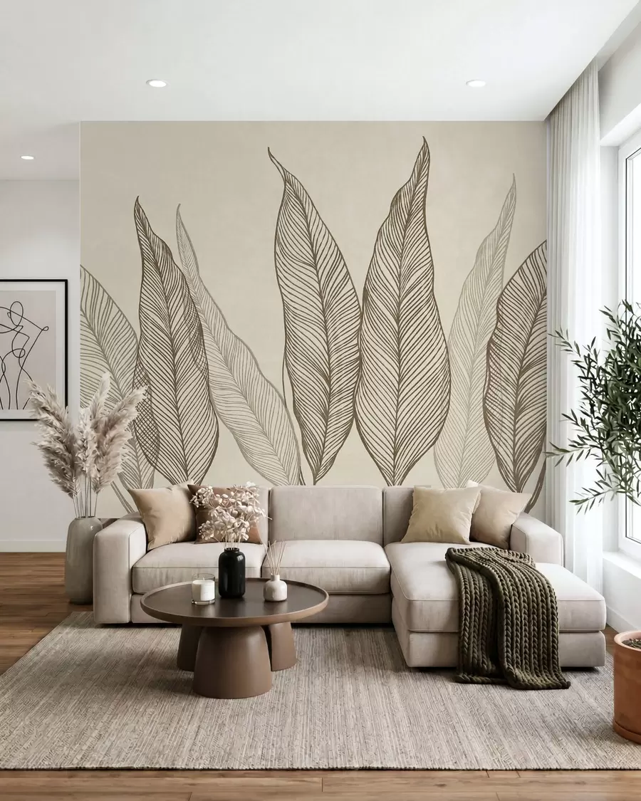 Papier peint Feuilles brunes stylisées aux détails linéaires complexes sur un fond beige, illustration texturée w10030v2