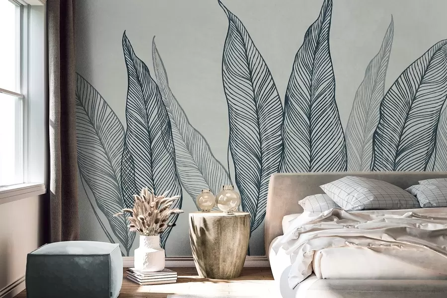 Papier peint Feuilles bleues stylisées aux détails linéaires complexes sur fond gris, illustration texturée w10030v3